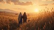 © GMeta - Naomi and Ruth walking in Bethlehem fields at dusk embarking on a new life in Israel