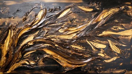 Poster - Abstract Composition of Gold and Brown Swirls on Textured Black Background Highlighting Dynamic Movement and Artistic Expression