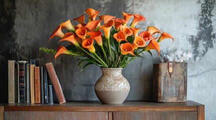 Wall Mural - Floral centerpiece of orange calla lilies in ceramic vase with decorative object and books on wooden cabinet stylish home decor scene