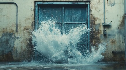 Wall Mural - Water Splashing Against Rusty Door in Industrial Setting, Capturing Dynamic Movement and Textures of Wet Surfaces and Grungy Walls for Creative Projects