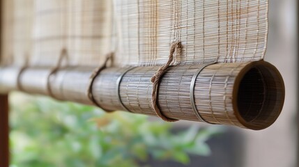 Wall Mural - Light brown traditional bamboo curtain showcasing natural texture and craftsmanship against a blurred green background