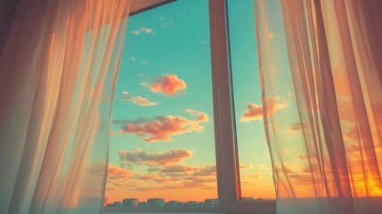 Poster - Serene summer sunset view through sheer white curtains, showcasing vibrant red clouds against a calming blue sky, framed by a modern interior.