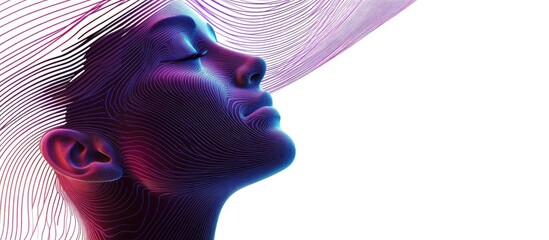 Poster - Male portrait with flowing motion lines in vibrant purple and blue tones, showcasing a serene expression against a white background, design-focused concept banner.