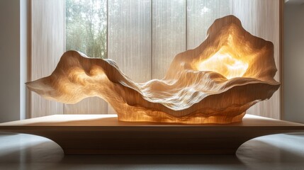 Canvas Print - Elegant glass sculpture with fluid design illuminating warm light in an art gallery setting