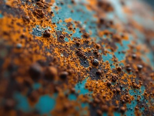 Poster - a close-up view of a surface covered in rust, with various shades of orange and brown rust spots dispersed throughout.