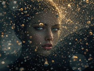 Poster - a woman with her face partially obscured by a veil made of golden light. The background is dark, and the woman's blue eyes shine brightly against the veil.