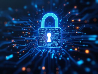 Poster - a digital illustration of a glowing padlock with keyhole against a blue background. The padlock is surrounded by circuit-like lines and dots, suggesting a connection to technology and security.