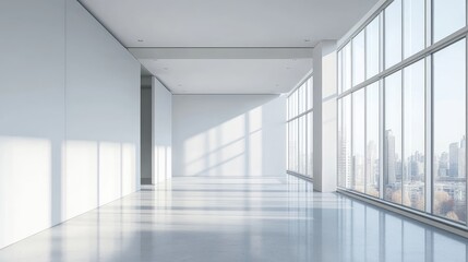  Spacious minimalist interior featuring large windows and abundant natural light illuminating sleek white walls and polished concrete floor