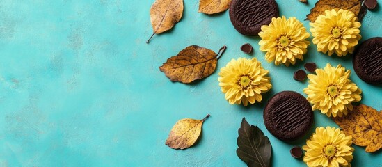 Wall Mural - Chrysanthemum Flowers and Chocolate Cookies on Turquoise Background Autumn Banner with Blank Space for Text and Natural Elements