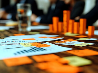 Wall Mural - Closeup of a meeting table strewn with documents, sticky notes, and a miniature bar graph, suggesting a brainstorming session or strategic planning.  Blurred background implies a team collaboration.