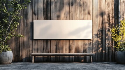 Wall Mural - Horizontal blank canvas sign on rustic wooden wall with natural light, surrounded by green plants and a wooden bench for marketing display.