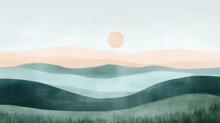Poster - Soft pastel abstract landscape featuring rolling hills and a serene sunrise in a minimalist design for modern decor and relaxation themes.