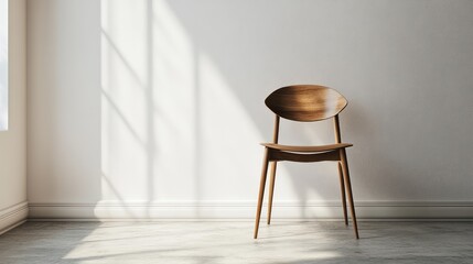 Wall Mural - Minimalist wooden chair in a sunlit room with light gray walls and soft shadows creating a serene ambiance for interior design concepts