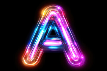 Poster - glowing neon letter with vibrant multicolored lights on black background, creating futuristic and dynamic effect