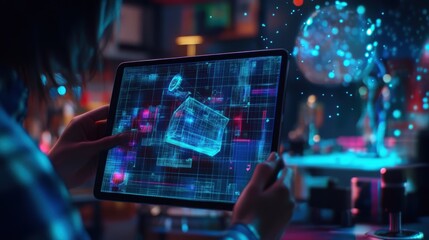 Poster - software engineer using stylus pen and digital tablet with futuristic holographic interface, manipul