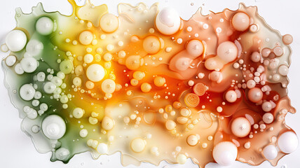 Poster - Abstract art with vibrant green, yellow, and orange hues blending seamlessly, featuring bubbles and fluid textures creating dynamic, organic