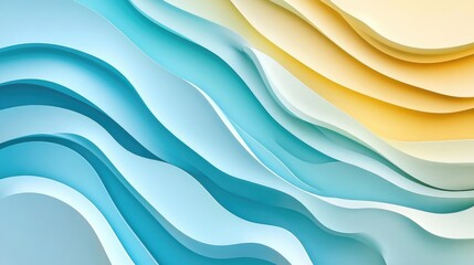 Fototapete - Minimalist wave pattern background featuring gradient layers in azure, light blue, and soft yellow hues for a serene abstract composition.