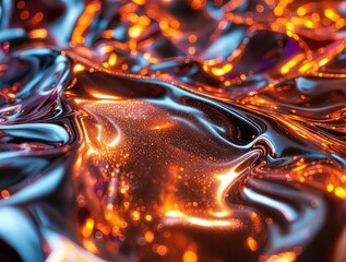 Aufkleber - a close-up of a glossy, metallic surface with a reflective, liquid-like appearance, featuring shades of orange and brown. The surface has a wavy, rippling texture, giving it a dynamic and fluid look.