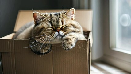 Poster - Cozy Domestic Cat Sleeping in Cardboard Box, Relaxed and Enjoying Sunlight, This Feline Exudes Comfort with Whiskers Peeking Out.