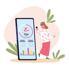Fototapete - Mobile counting steps. Walking woman watch pedometer in smartphone app, phone step counter fitness monitoring outdoor walk run data tracking sport health care vector illustration