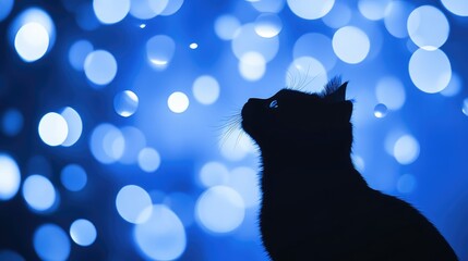 Naklejka na meble Silhouette of a black cat against a dreamy blue background with glowing orbs creating a magical atmosphere and ample space for text.