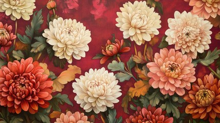 Wall Mural - Vibrant Chrysanthemum Flower Arrangement in Rich Red Textile Background with Soft Cream and Warm Coral Blooms and Lush Green Foliage