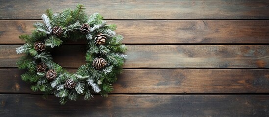 Wall Mural - Christmas Wreath on Rustic Wood with Pinecones and Greenery for Holiday Decor Empty Space for Seasonal Text or Promotions