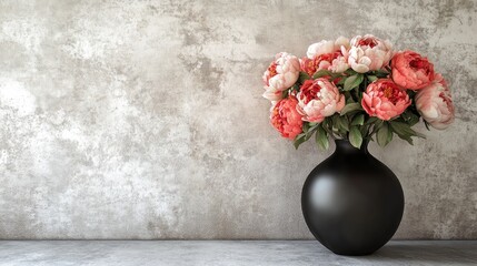 Wall Mural - Elegant black vase showcasing vibrant peonies in shades of pink and coral against a textured gray wall interior setting.