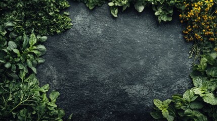 Wall Mural - Sustainable farming concept featuring fresh organic produce arranged on dark stone surface with ample blank space for text or branding