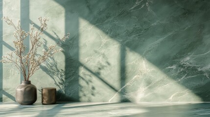 Wall Mural - Minimalist Japanese Interior Design Showcasing Green Stone Texture Natural Light and Elegant Vases in Wabi Sabi Aesthetic