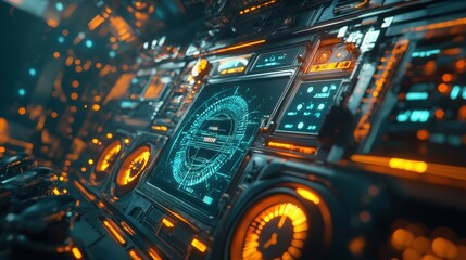 Poster - illuminated buttons, dials, and screens create a futuristic spaceship cockpit control panel, featuri