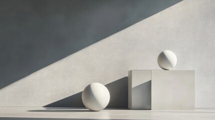 Poster - Minimalist geometric still life featuring white sculptural forms casting dynamic shadows on a smooth gray surface in modern interior space