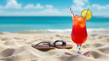 Poster - A refreshing red cocktail with a slice of lime and strawberry is placed on sandy beach near a pair of flip-flops, against a backdrop of a serene ocean with a clear blue sky.