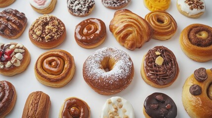 Poster - Assortment of freshly baked cinnamon buns and pastries on a bright white table surface showcasing golden brown and creamy textures in detail