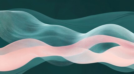 Poster - Pastel pink flowing shapes on dark green background creating a minimalist abstract design ideal for modern home decor and artistic spaces