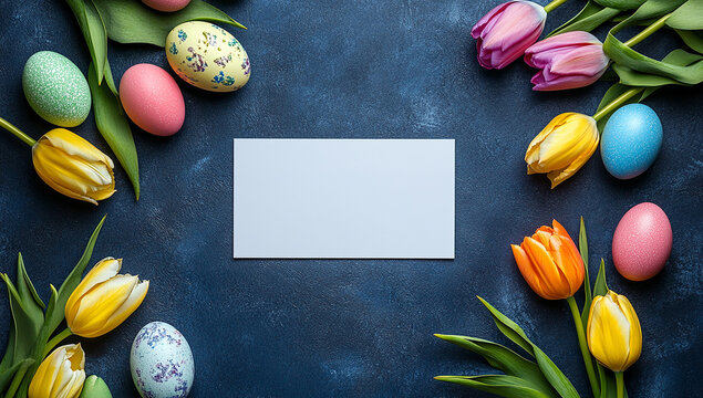 Easter card with colorful eggs and tulips, empty white business cards in the center of the frame