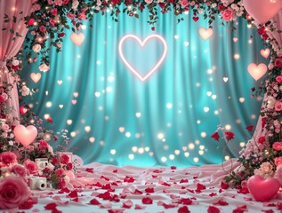 Aufkleber - a vibrant and colorful backdrop featuring a heart-shaped neon light on a blue curtain with floating lights and red rose petals on the floor, creating a festive and romantic atmosphere.