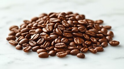 Wall Mural - Freshly roasted coffee beans scattered on a marble surface for coffee lovers to enjoy brewing