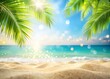 © Yauhen - Tranquil sandy shore with gently blurred palm leaves and tropical beach bokeh, perfect for summer vacation and travel inspiration with spacious copy space