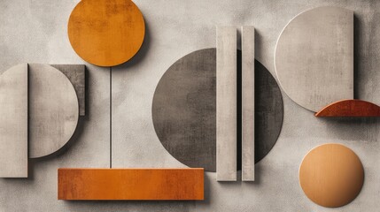 Fototapete - Warm colored minimalist geometric shapes including orange, cream, and gray against a textured gray background for modern design concepts.