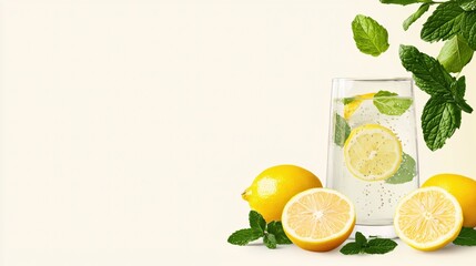 Aufkleber - Refreshing lemon water with mint leaves on light background a vibrant citrus drink concept