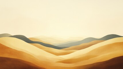 Poster - Serene Minimalist Landscape with Soft Earth Tones and Flowing Hills Under a Subtle Warm Sky in a Tranquil Horizon Setting
