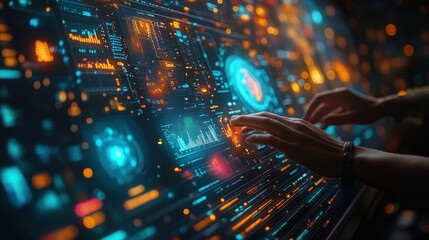 Poster - Futuristic User Interacting with a Digital Interface Displaying Data Analytics and Visuals