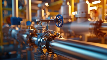 Aufkleber - Industrial piping system with blue valve and metallic elements in a warm light setting