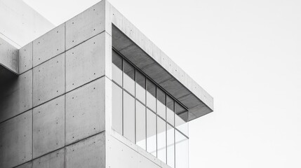 Poster - Modern Concrete and Glass Architecture Featuring Minimalist Design Elements Against a Soft Sky Background