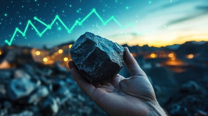 Wall Mural - hand holding stone with digital graph overlays at sunset in background