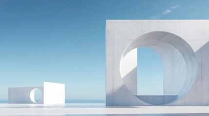 Poster - Minimalist Abstract Architecture Featuring Geometric Shapes Under a Clear Blue Sky