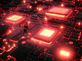 Poster - closeup of a glowing red circuit board, showcasing intricate technological details. perfect for illu