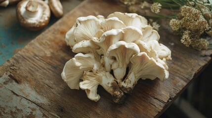 Canvas Print - Freshly Harvested Mushrooms on Rustic Wooden Surface Surrounded by Organic Vegetables and Natural Decor Elements