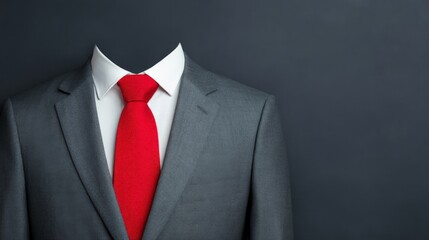 Anonymous Executive: A sharp grey suit with a vibrant red tie stands against a dark grey background, the head mysteriously absent, creating an intriguing image of anonymous power and potential. 